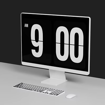 Modern Computer Monitor Displaying 900 AM Digital Clock With Keyboard On Desk 3d model