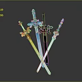 Decorative Weapons Various Colorful Swords Crossed Placement Featuring Transparent Blue Yellow Black Designs