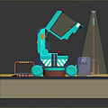 Modern Blue Computer Workstation With Control Console Platform And Mobile Stand