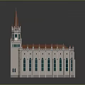 Gothic Style Cathedral Building With Red Spire And Stained Glass Windows
