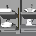 Modern Countertop Washbasins On Grey Shelves With Illuminated Backlighting In Bathroom