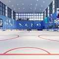 Indoor Playground Ice Rink With Blue Walls Snowflake Patterns Athlete Posters Audience Seats And Skaters