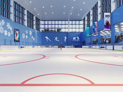 Indoor Playground Ice Rink With Blue Walls Snowflake Patterns Athlete Posters Audience Seats And Skaters 3d model