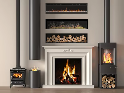 Classic Modern Fireplace Designs With White Mantel Flames Freestanding Stoves And Firewood 3d model