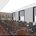 Conference Room Interior With Long Wooden Table Black Chairs Bookshelves And Windows