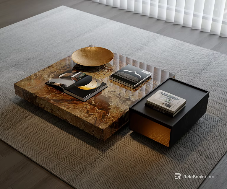 Modern Coffee Table With Marble Pattern Golden Bowl Magazines And Side Tray 3d model 