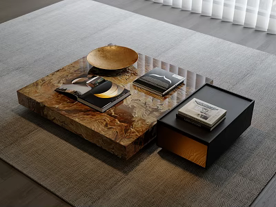 Modern Coffee Table With Marble Pattern Golden Bowl Magazines And Side Tray 3d model