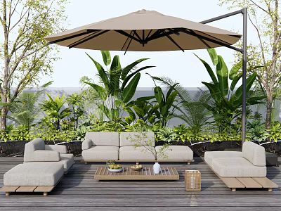 Cozy Outdoor Sofa Set on Wooden Deck with Patio Umbrella and Green Plants 3d model