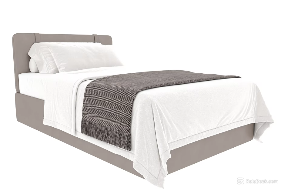Single Bed With Gray Headboard White Bed Sheets Pillows And Gray Blanket Modern Design 3d model 
