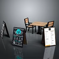 Minimalist Cafe Wooden Table Chairs With Black White Menu Signboards