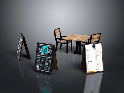 Minimalist Cafe Wooden Table Chairs With Black White Menu Signboards 3d model