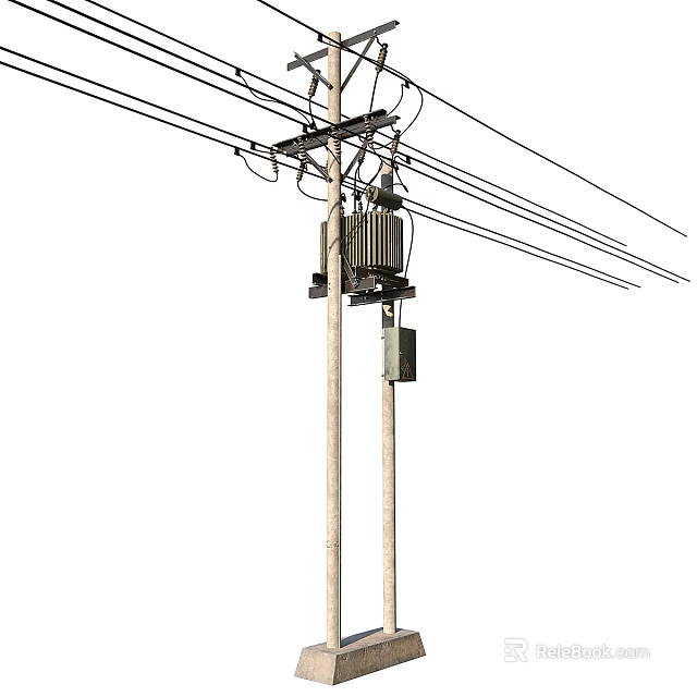 Utility Pole With Transformer And Multiple Power Lines Against White Background 3d model 