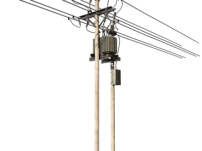 Utility Pole With Transformer And Multiple Power Lines Against White Background 3d model