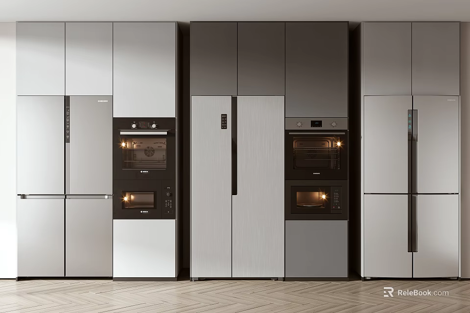 Modern Kitchen Interior Featuring Multiple Refrigerators Freezers Cabinets And Ovens 3d model