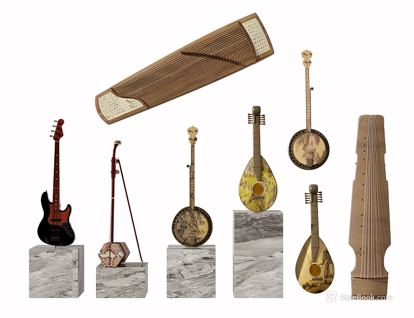 Traditional and Modern Musical Instruments Art Supplies on Marble Display Stands 3d model 