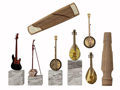Traditional and Modern Musical Instruments Art Supplies on Marble Display Stands 3d model