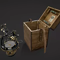 Open Vintage Wooden Box With Leather Straps And Navigation Instrument Parts