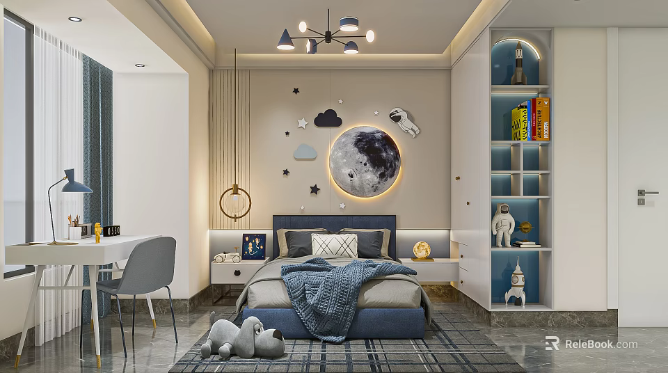 Kids Room Interior Design With Blue Bed Moon Star Wall Decor Stuffed Toys And Bookshelf 3d model 