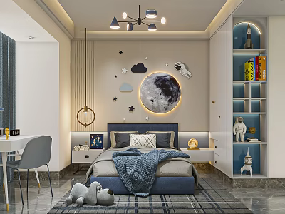 Kids Room Interior Design With Blue Bed Moon Star Wall Decor Stuffed Toys And Bookshelf 3d model