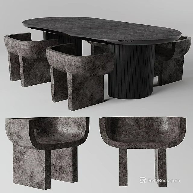 Modern Dark Dining Table Set With Textured Chairs And Unique Base 3d model 