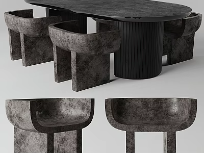 Modern Dark Dining Table Set With Textured Chairs And Unique Base 3d model