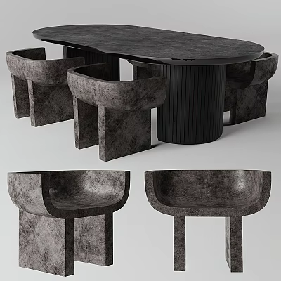 Modern Dark Dining Table Set With Textured Chairs And Unique Base 3d model