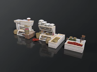 Market Food Stall Setup With Display Shelves Bread Fruits And Vegetable Counters 3d model