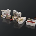 Market Food Stall Setup With Display Shelves Bread Fruits And Vegetable Counters