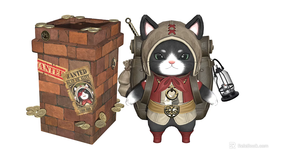 Game Movie Character Cat With Hat Backpack Lantern Near Brick Wall And Wanted Poster Coins 3d model 