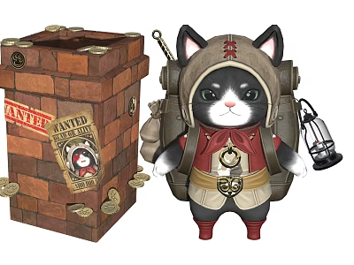 Game Movie Character Cat With Hat Backpack Lantern Near Brick Wall And Wanted Poster Coins 3d model