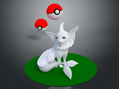 White Mythical Creature Sculpture on Green Circular Base with Floating Red and White Poké Balls 3d model