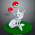 White Mythical Creature Sculpture on Green Circular Base with Floating Red and White Poké Balls