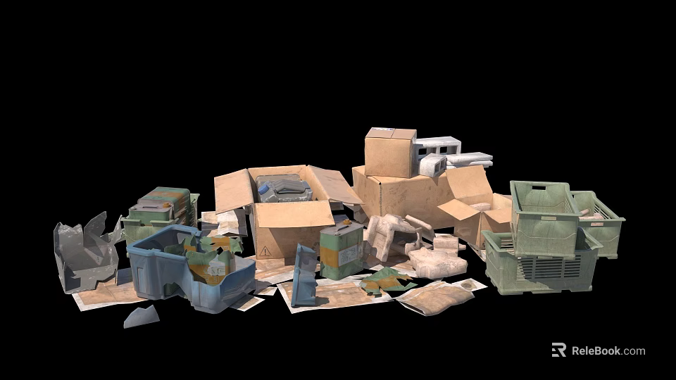 Pile of Assorted Cardboard Boxes and Discarded Items on Black Background 3d model 