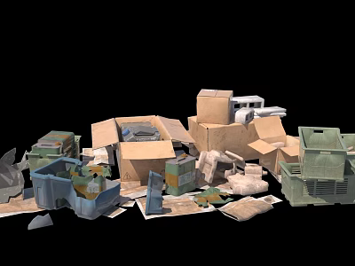Pile of Assorted Cardboard Boxes and Discarded Items on Black Background 3d model