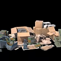 Pile of Assorted Cardboard Boxes and Discarded Items on Black Background