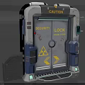 Security Gate with Security Lock Caution and Yellow Warning Triangles Radioactive Symbol at Ground Level