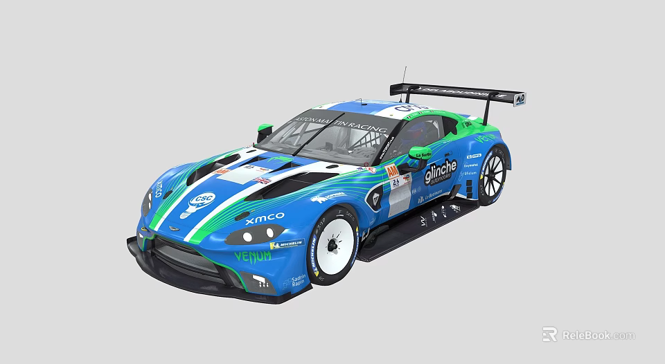 Blue and Green Racing Car with Streamlined Body Large Rear Wing and Sponsor Logos 3d model 