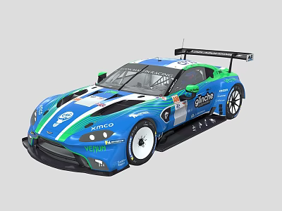 Blue and Green Racing Car with Streamlined Body Large Rear Wing and Sponsor Logos 3d model