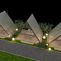 Garden Landscape with Triangular Tent Like Structures Glass Walls Gravel Path and Decorative Lights