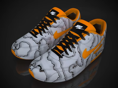 Stylish Nike Sneakers With White Gray Marble Pattern And Orange Accents 3d model