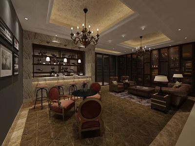 Luxury Store Interior With Chandelier Marble Bar Counter Wine Display Leather Sofas And Patterned Carpet 3d model