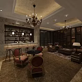 Luxury Store Interior With Chandelier Marble Bar Counter Wine Display Leather Sofas And Patterned Carpet