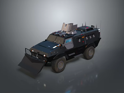 Armored Military Vehicle With Front Plow Roof Mounted Equipment And Off Road Tires 3d model