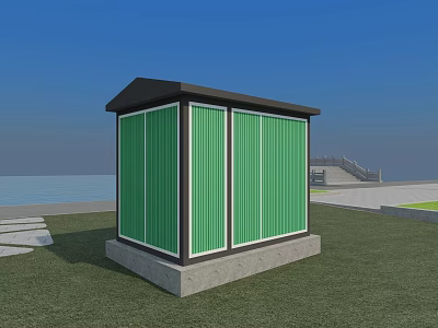Industrial Equipment Enclosure With Green Louvered Panels And Concrete Base For Outdoor Use 3d model
