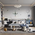 Kids Room Interior With Space Themed Wallpaper Rocket Moon Stuffed Animals And Toys