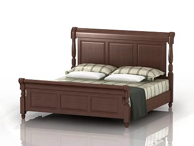 Classic Wooden Double Bed with Poster Headboard Plaid Pillows and Striped Bedspread 3d model