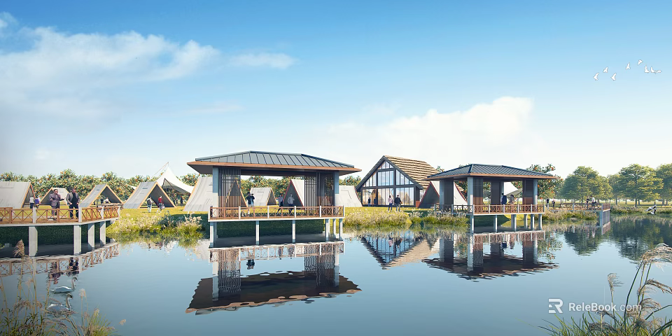 Tranquil Garden Landscape With Overwater Wooden Pavilions Lake Reflections And Cloudy Sky 3d model 