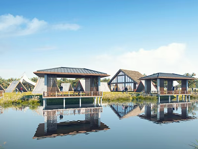 Tranquil Garden Landscape With Overwater Wooden Pavilions Lake Reflections And Cloudy Sky 3d model