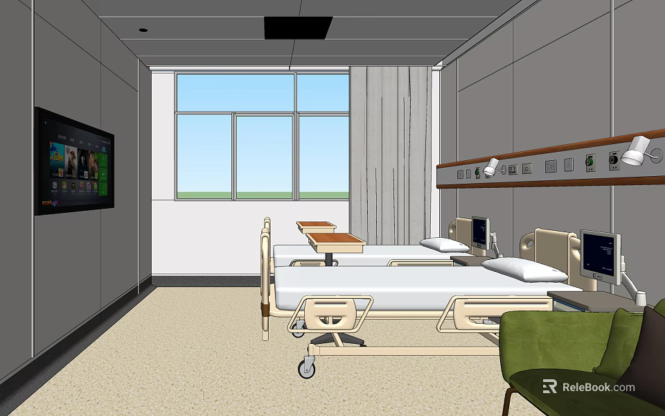 Modern Hospital Ward Interior With Two Beds Window TV And Green Chair 3d model 