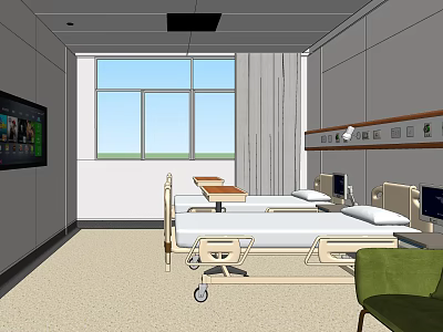 Modern Hospital Ward Interior With Two Beds Window TV And Green Chair 3d model